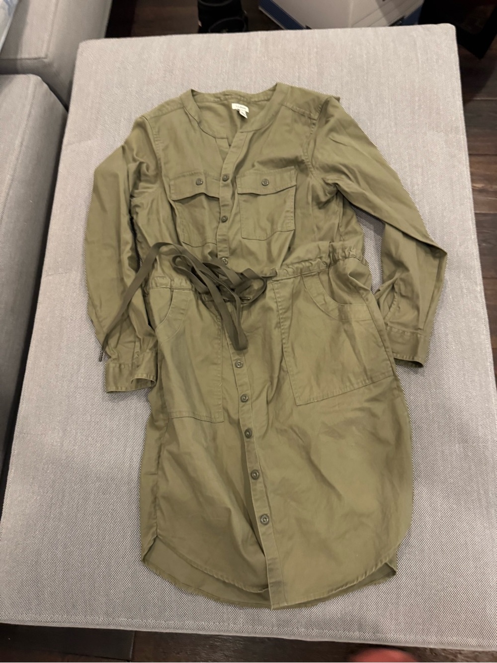 LL Bean Women Olive Green Button-Front Shirt Dress with Tie Waist